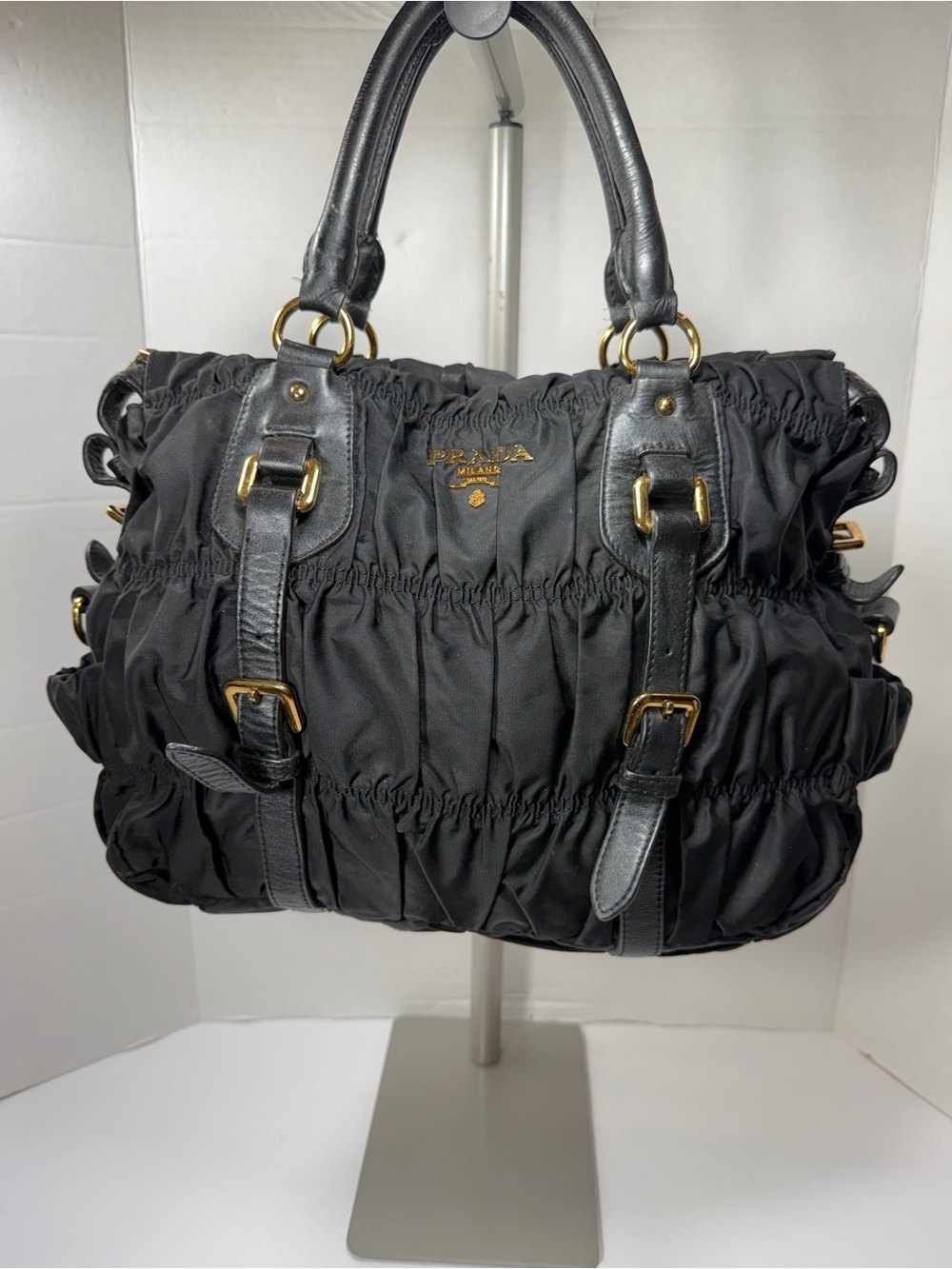 PRADA Tessuto Nylon Top Handle Bag comes with dust bag gold-tone hardware